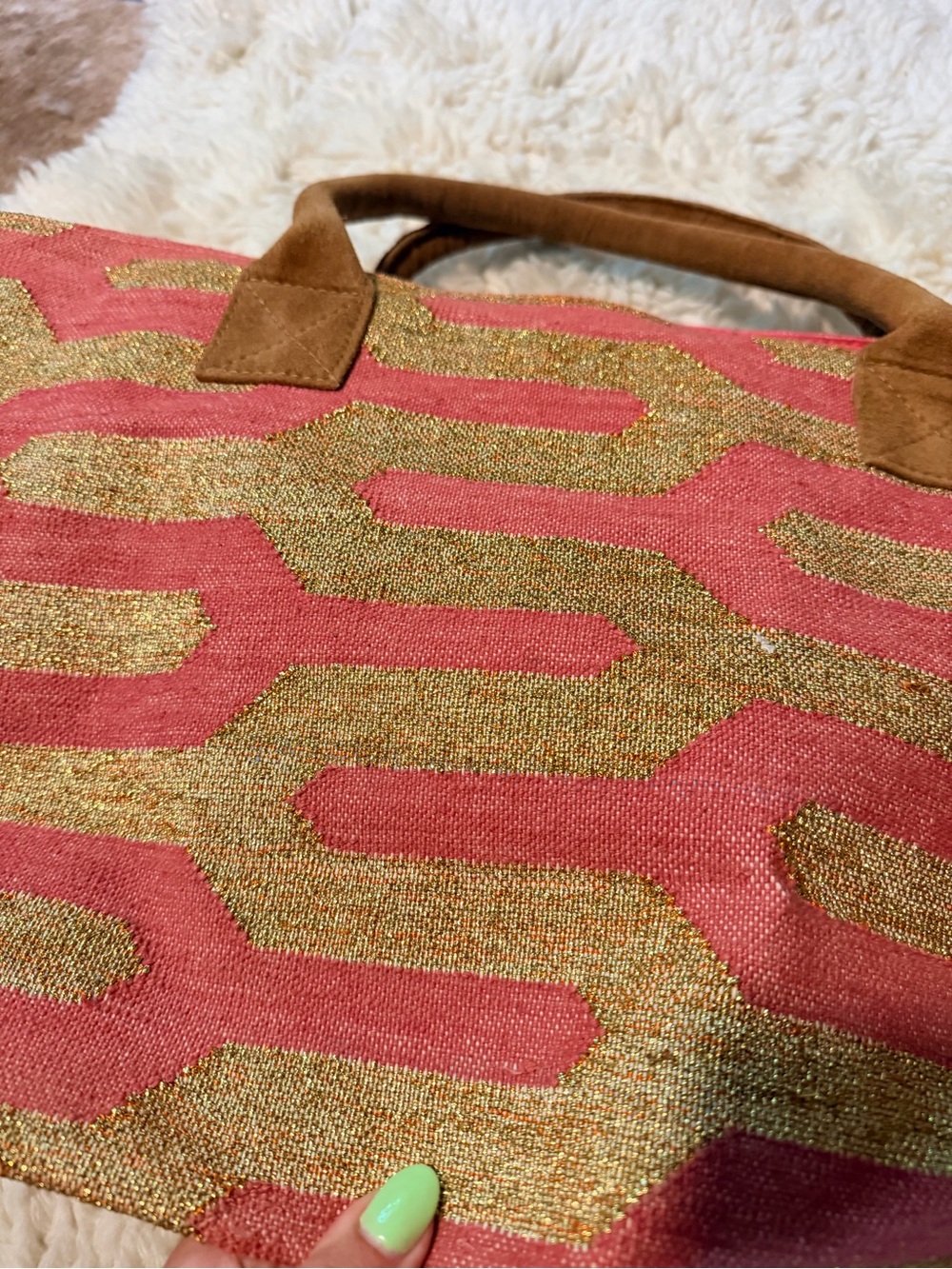 NWT Guadalupe Coral and Gold Geometric Tote with Tan Handles - Picture 3 of 8